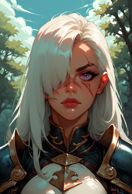 1girl, armor, scar, solo, scar on face, white hair, long hair, hair over one eye, looking at viewer, purple eyes eyes, outdoors, upper body, breastplate, medium breasts, shoulder armor, tree, makeup, lip gloss, day, scar across eye, sky, , cloud, , shoulder plates, pauldrons, breasts, nature, eyelashes, scar on nose, scar on cheek, closed mouth, forest, blue sky, one eye covered
,  <lora:Ri-MIX_A_Illustriousv2-000009:1> rimixa,, looking at viewer,, , score_9, score_8_up, score_8_up,