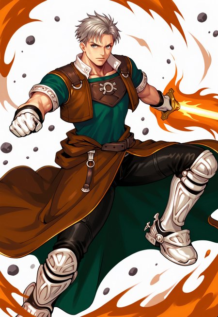 score_9, score_8_up, score_7_up, natgra2, gray eyes, short hair, silver hair, steel greaves,brown skirt, black pants, green shirt, brown leather vest, silver belts, action pose, white gloves, silver chest plate, spooky background, catacombs, catacombs background, fire sword,  burning sword
