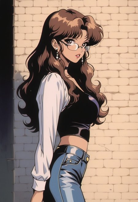 score_9, score_8_up, score_7_up, score_6_up, score_5_up, score_4_up, BREAK sourse_anime, retro anime style, detailed retro anime, 90's anime style, 1990s \(style\), Vintage, dreamy psychedelic anime, high quality, best quality, anatomically correct, masterpiece, BREAK 1girl, solo, from side, view from the back, BREAK brown hair, long flowing hair, glasses, beautiful teenage girl, BREAK red tube top,  tight flared denim jeans, BREAK busy city street, brick wall with graffiti,  cowboy shot, s1n0p0p