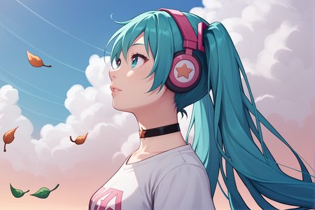 score_9,score_8_up,score_7_up,source_anime,<lora:Oekakizuki-Style-PonyXL-v1:0.8>,1girl,<lora:Everlasting_Summer_Miku_by_GraffMetal:0.7>,miku,aqua hair,long hair,twintails,aqua eyes,
solo,choker,headphones,sky,black_choker,long_hair,wind,cloud,leaf,from_side,upper_body,parted_lips,outdoors,stars,t-shirt,