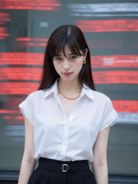 There are wonderful studio lights and various reflections,
18yo beautiful cute girl with blushing and female orgasm.skin naturally showing the texture of blood vessels and detailed pale skin,
--,
<lora:Nakajo_Ayami_f1:1>,she is Nakajo Ayami,
(Classic_white_blouse:1.6),(Tailored_black_trousers:1.5),(Gold_chain_necklace:1.4), Lines of Movement, HAS12345.3FR, A young woman dominates the frame, partially obscured by streaks of fast-moving digital text in red and black. Her expression is calm and composed, her dark eyes focused ahead with a quiet intensity. The lighting is soft and cool, highlighting the smooth texture of her skin and her hair, which blends with the shadows of her. The woman stands in an urban setting, but the background is blurred with motion, fading into soft grays and blues, indicating the city but leaving it abstract.The red streaks of digital text, sharp and bright, cut across the scene horizontally, giving the image a futuristic, cyberpunk feel. The contrast between the womanâs soft, natural features and the harsh, glowing text creates tension, as though she exists between two worldsâone of calmness and one of fast-paced digital information. The composition draws the viewerâs eye to the womanâs face while also directing attention to the moving text that surrounds her. The interplay of light and shadow is subtle, allowing the glowing text and the woman's focused gaze to take precedence.The overall atmosphere is mysterious and slightly futuristic, evoking themes of technology, modern life, and isolation in a digital world. The image suggests a person in tune with both the physical and digital environments, navigating between them with ease.,#æ°å­åçº¿èå