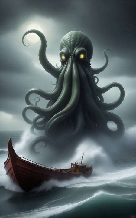 (Layered Depth, Parallax Effect, Soft focus foreground:1.3),surreal,(detailed landscape:1.1),(whimsical atmosphere:1.1),(powerful energy:1.1), (HP Lovecraft Sea Tentacle Monster, Cthulhu attacks trawling boat), fierce storm raging, chaotic waves crashing, dim light flickering, eerie shadows, subsurface scattering