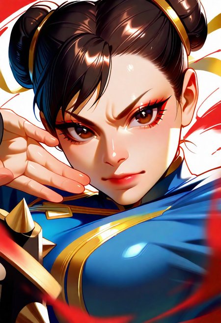 chun_li,streetfighter,"chun-li, street fighter","1girl, brown eyes, dark hair, twin buns, qipao, muscular thighs, blue dress, gold accents, spiked bracelets", masterpiece, best quality, Good quality, very aesthetic, absurdres, newest, solo, dynamic pose, kicking action, powerful stance, close-up, upper body, <lora:ponyv4_noob1_2_adamW-000017:0.7> <lora:748cmSDXL:1> <lora:GBF_Illustrious:0.6>