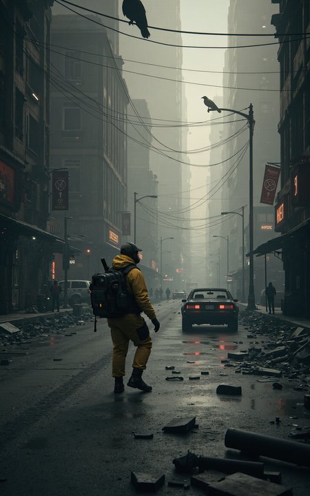 On an abandoned city street,ruins and debris are scattered everywhere. Dust drifts through the dim light,revealing that the once-thriving metropolis is now a thing of the past. Shattered storefront windows,collapsed streetlights,and cracked asphalt silently tell the story of a devastating catastrophe.A heavily armed rescue worker moves forward cautiously. He is clad in a thick biohazard suit,a tactical helmet,and a gas mask that obscures his face. In his hands,he grips a high-powered flashlight and a life detection device,meticulously scanning for any possible survivors. His movements are deliberate,and on his back,he carries a medical kit and weapons,prepared for any sudden dangers.In the distance,a rusted car still smolders,releasing thin trails of black smoke into the air. Overhead,a crow perches on a broken traffic light,letting out an ominous caw. This is a world of deathly silence,where the only sounds are the rescue workerâs breathing and the crunch of his boots against shattered rubble,breaking the suffocating stillness of this desolate place.,<lora:kcyberpunk-01:0.6>,kcyberpunk,