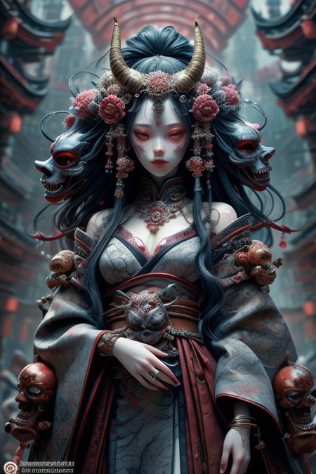 masterpiece,best quality,absurdres,high details,8K,photorealistic,amazing body,at distance,cowboy shot,thigh gap,1girl,<lora:detail_slider_v4:3>,<lora:Concept_-_Hella-sthetic_v2:0.7>,<lora:ghost doll_20230805145739:0.5>,kimono,gohstpunk,red torii,japan graveyard,ghost mask,horn,evil smile,yaksha,tengu,hanfu,ghost mask,cleavage,flower tattoo,curtain,gray hair,ghost doll,belt,hair flower,hair ornament,drop earrings,puppet rings,gold jewelry,necklace,jewelry,bangle,brooch,pendant,cult,spirit,Mysterious,spooky,oriental mythology,traditional Japanese art,dark persona,japanese temple,, intricate, elegant, highly detailed, symmetry, magical atmosphere, sharp focus, majestic, very coherent, radiant, advanced, cinematic, artistic, fine detail, winning, beautiful, stunning, dramatic light, designed, rich deep colors, perfect professional background, ambient, tailored set composition