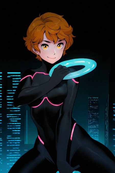 masterpiece, good quality, best quality, very awa, very as2, absurdres, highres,
 <lora:SueilluLoRA:1>sue, short hair, black body suit, neon trim, tron, , science fiction, dynamic pose, smile, dark background, glowing frisbee, holding frisbee, fighting stance, skyscraper,