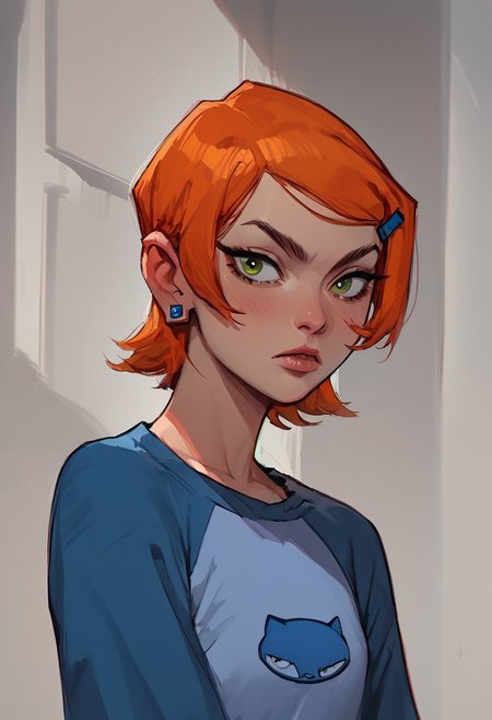 score_9, score_8_up, score_7_up, score_6_up, score_5_up, score_4_up, source_manga, 1girl, pale skin, green eyes, short orange hair, hair clip, sapphire earrings, blue raglan shirt with a cat logo, white capri pants,
