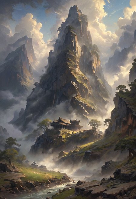 View from a rocky ledge to a massive, weathered ark resting between two high, jagged hills. The scene is shrouded in a thick, ominous fog, with an eerie stillness in the air. The ark, appearing ancient and majestic, looms large against the chaotic swirl of dark clouds above. The sky is filled with ominous, swirling clouds, casting deep shadows over the landscape. Animals of all kinds are faintly visible through the mist, gathering in pairs and moving towards the ark. The overall scene evokes a sense of awe and solemnity, capturing the profound moment of Noah's Ark amid the turbulent surroundings. [romantic impressionism,dream scenery art,beautiful oil matte painting,romantic,style of thomas kinkade,beautiful digital painting,anime landscape,romantic painting,dreamlike digital painting,colorful painting,beautiful gorgeous digital art,style of greg rutkowski,janek sedlar,jenny saville:0] <lora:vivid_everclear:0.6>  <lora:Sinozick:1>
