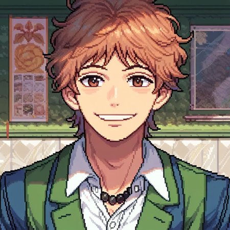 (score_9, score_8_up:1.1), score_7_up, suwa hiroto, 1boy, solo, brown eyes, black pearls necklace, green jacket, white shirt, blue vest, smile, light blush, school, Pixel_Art