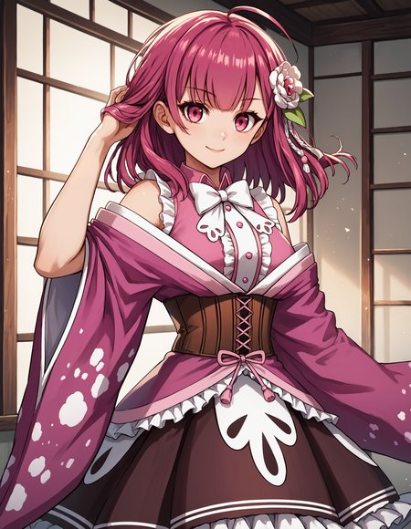 score_9, score_8_up, source_anime, 1girl, upper body, medium shot, detailed, mgrctokiwananaka, pink hair, medium hair, ahoge, pink eyes, looking at viewer, white hair flower, pink frilled top, white bowtie, bare shoulders, pink kimono, brown corset, brown frilled skirt, wind,  light smile, hand in hair, <lora:mgrctokiwananaka_XL:0.9>
