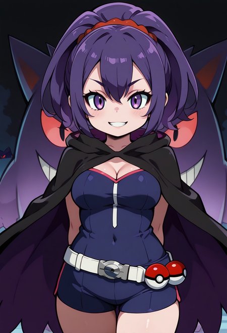 cute girl, 
,,,
purple hair, mischievous grin, dark cloak, casual outfit, pokeball on belt, gengar companion, dark atmosphere, eerie glow, floating in shadows
,,,
1 pokemon in background,
pokemon trainer outfit, focused look, cleavage, holding pokeball, looking at viewer, pokemon gym background, training gym background, smile,