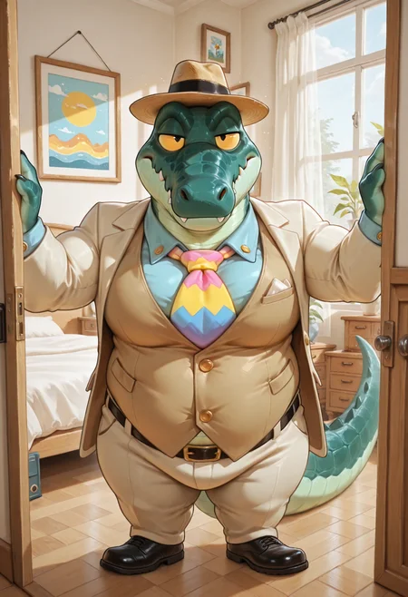 best quality, amazing quality, very aesthetic, absurdres, newest, high quality, masterpiece, source_furry BREAK GranaG4tor, solo, 1boy, alligator, furry male, scales:1.2, male focus, half-lidded eyes, (muscle, chubby:1.2), belly, no humans, colorful tie, sharp teeth, short:1.2, fedora,  black eyes, tail, claws, bedroom, standing, big pecs, big hips, shortstack, pectoral focus, , suit, vest <lora:Granada_Gator_TV_Commercial:.8>   <lora:NOOB_vp1_detailer_by_volnovik_v1:1>