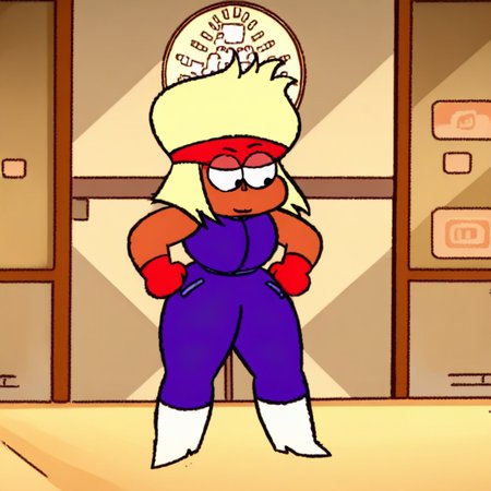 1girl, solo, tan skinned female, black eyes, wavy blonde hair, red headband, purple sleeveless bodysuit, red gloves, white ankle boots
