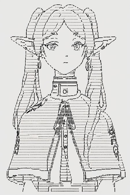 score_9, score_8_up, score_7_up, score_6_up, score_5_up, score_4_up,    <lora:frieren-ponyxl-lora-nochekaiser:0.8> ,frieren, long hair, twintails, pointy ears, elf, shirt, long sleeves, jewelry,  earrings, striped, capelet, striped shirt,  1girl, <lora:ascii_character:0.8>,  ascii_art_style, monochrome, greyscale, masterpiece, highres, white background, simple background