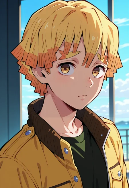 masterpiece, best quality, , , looking at viewer, , 1boy, solo, male focus, <lora:zenitsu_agatsuma_ilxl:0.92>, zenitsu_agatsuma, blonde hair, yellow eyes, short hair, bangs, , texan costume