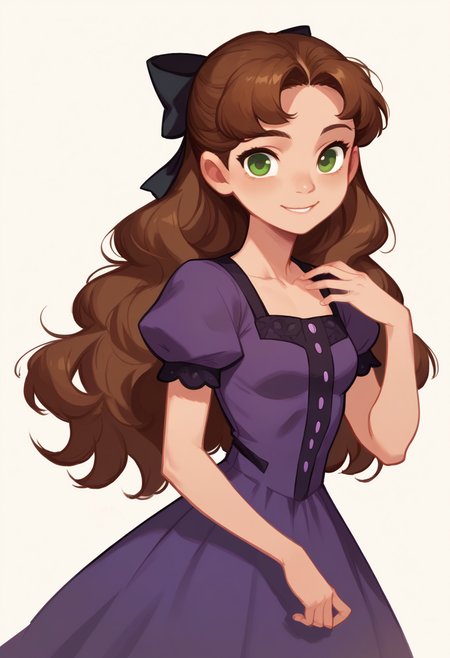 score_9, score_8_up, score_7_up, score_6_up, 1girl,solo,long hair,breasts,looking at viewer,smile,simple background,brown hair,white background,dress,bow,green eyes,short sleeves,hair bow,small breasts,purple dress,
<lora:hong_soonsang_v0.3-pony:1>