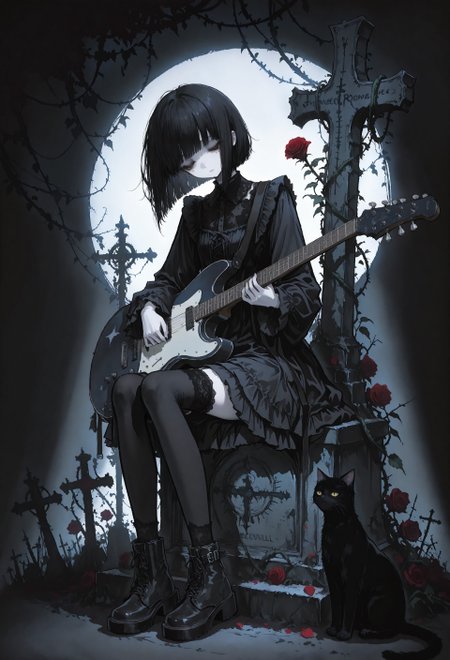 1girl, solo, solid black hair, bob cut, messy hair, closed eyes, goth fashion,frilled black dress,lace collard, mole under eye, head tilt, expressionless, pale skin, thighhighs, ankle boots, sitting on grave, instrument, guitar, playing guitar, gravestone, leaning against gravestone, candles, flowers, roses, ivy, vines, animal,sitting cat, yellow sclera, slit pupils, scull, dark theme,  night, scenery, spotlight, volumetric lighting, shadows, fine art parody, 15546+456868, r17329_illu,
