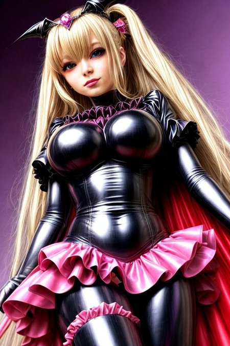 blonde evil corrupted young princess wearing dark pastel (ruffled:1) (gleaming latex:1) Bad_End_Precure gown with (long latex cape:1) and latex elbow bridal gauntlets, (Perfect Face:1), soft lighting, glossy red lips, ruffles,
<lora:more_details:1.5>