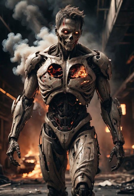 Super Closeup of an action scene, car crash, burning tattered Cyborg with tattered torn skin and linen clothes walking to viewer and pointing at him, grin, surrounded by smoke and fire, bold lines, hyper detailed, dark limited palette, dramatic lighting,  fiery red and black hue, wide angle view, frontal closeup view, 
atmospheric haze, Film grain, cinematic film still, shallow depth of field, highly detailed, high budget, cinemascope, moody, epic, OverallDetail, gorgeous, 2000s vintage RAW photo, photorealistic, candid camera, color graded cinematic, eye catchlights, atmospheric lighting, skin pores, imperfections, natural, shallow dof