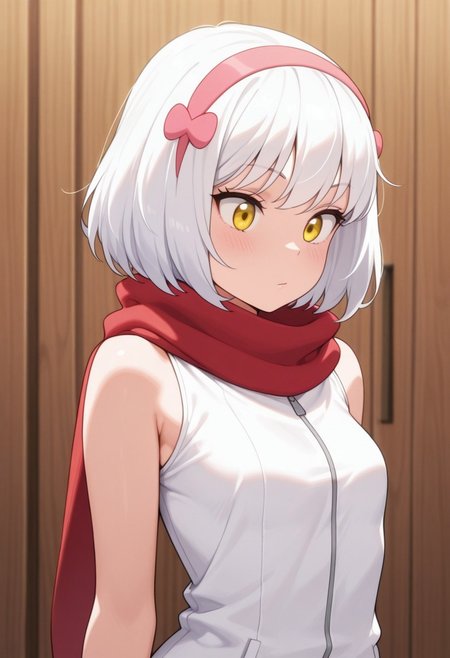 masterpiece,best quality,amazing quality, paula mccoy, short hair, white hair, yellow eyes, 1girl, solo, scarf, red scarf, hairband, sleeveless, hair ornament