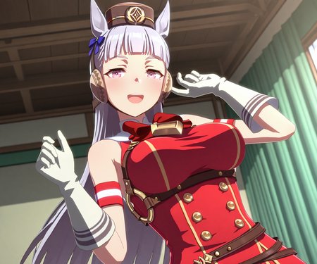 masterpiece, best quality, amazing quality, , 1girl, solo, looking at viewer, smile, open mouth,  <lora:Gold Ship in game style 3D ILL-v2:1> ummsmingame, 3d, gold ship \(umamusume\),