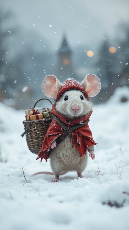 In a wintry realm blanketed in white, a tiny champion trudges forward, undeterred by the harsh climate. Clad in a faded red cloak, frayed from countless adventures, this valiant mouse moves with purpose. Its large, bubble-gum pink ears twitch to catch sounds in the frigid air, while its soft, white fur provides warmth against the cold. He wears a small warm red beanie on his head. On the mouse's back rests a wicker basket, it contains small christmas presents. Snowflakes drift from a slate-gray sky, settling gently on the explorer's nose and whiskers, as it continues its journey through the serene winter landscape. There is the faint glow of lights from a distant town in the backgorund.