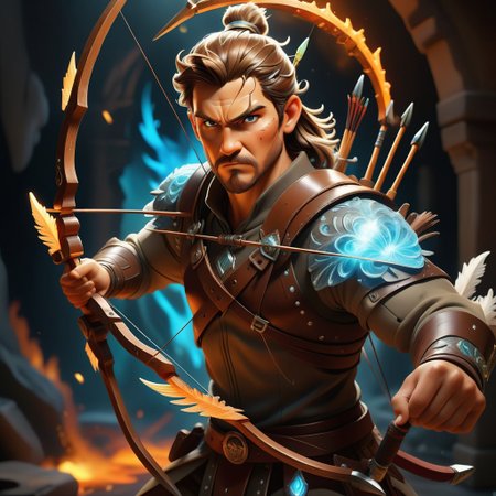 A fantastical and dynamic illustration depicts an intense moment where a male archer takes aim with an ornate bow. The warrior archer with glowing crytal scale on his chest, positioned on the right side of the frame, has metal buttons and tattoos high up on his arms. Her long hair is styled in two elegant buns at the back of her head. The archer's face is dramatically illuminated by the lighting coming from the left, emphasizing his focused expression as he holds the bow firmly in both hands. The wooden arch itself features detailed carvings along its body, extending diagonally across the image. An arrow with a feather on the back and a sharp stone on the end is ready to be shot. The background is immersed in fiery chaos, with swirling clouds of smoke and fire, floating embers and flying sparks. The scene is set against a dramatic backdrop of bright orange, yellow and brown hues, creating a sense of intense action and urgency. The overall style is highly detailed and realistic, capturing every aspect of the character's appeal and surrounding environment, with a color palette dominated by contrasting warm oranges, yellows, browns and deep blues .