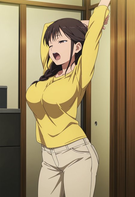 1girl,solo,Misato,brown hair,braid,long hair,brown eyes,hair over shoulder,large breasts,anime coloring,
yellow shirt,long sleeves, pants,yawning,stretching, indoors,
,masterpiece,best quality,amazing quality,<lora:Misato_Segawa-Shirobako:0.85>