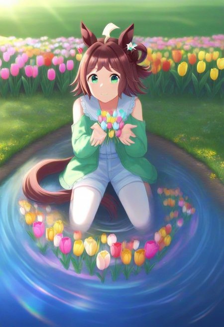 (umamusume, rhein_kraft_(umamusume), horse_ears, horse_girl, tail, 1girl, Tulip, animal_ears,), 
casual, field, flower, flower_field, green_eyes, hair_between_eyes,  solo, , symmetric ,spiralling vortex made of multicoloured tulips,ripples, reflective, jaynl-tm, rainbow, , g0ldsw0rthy,
(realistic, photo,  artistic, medium_hair, one_eye_closed, petals, relaxing,  lush foliage sunrise,  ,  : 0.7)