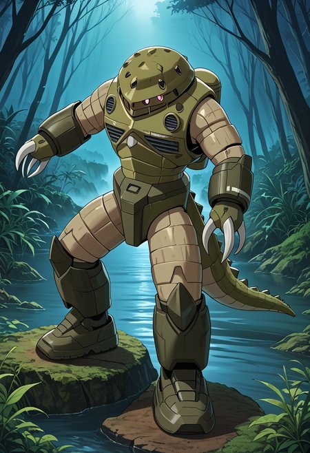 score_9, score_8_up, score_7_up, source_anime, cowboy shot, side view, BREAK, ( zgok, green_zgok_armor, pink monoeye, full body, looking at viewer, combat pose, ballast tanks on back, green zgok, weathering, green scales, crocodile texture, legs apart, 3 fingers, ) 1mech, mech focus, solo, BREAK, swamp, bayou, fog