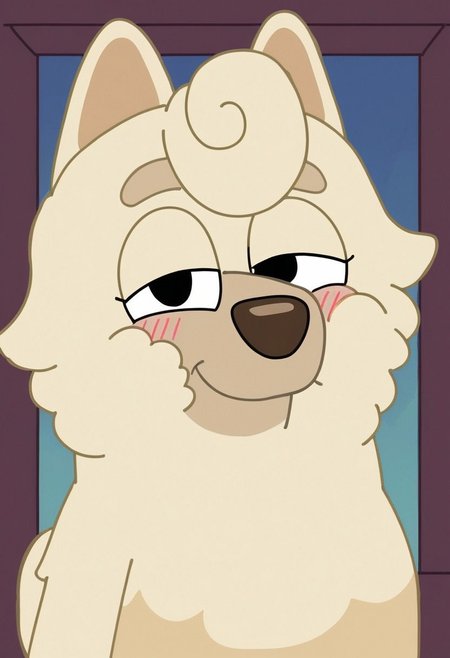 score_7_up, score_8_up, score_9, masterpiece,  high quality,
WendyBluey, female, furry female, solo, 1girl, adult, cartoon, anthro dog, dog ears, chow chow, beige fur, black eyes, 
front hair curl, brown nose,
smiling, ((bedroom eyes)), blushing,
headshot, head view, facing left,
