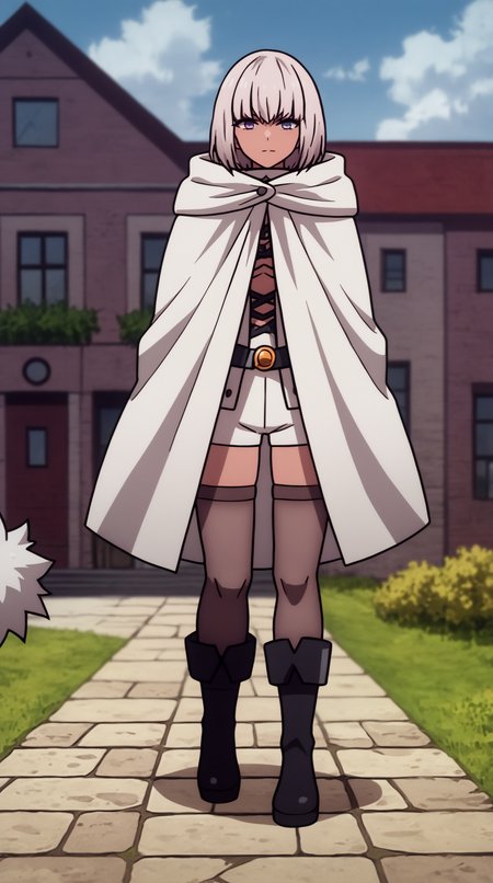 score_9, score_8_up, score_7_up, best background, detailed background, 4k, upscale, anime_source  Judikhali Alma, Main Outfit, solo, looking at viewer, standing, full body, outdoors, solo focus, fur trim, 1other, straight-on, hooded cloak, cape, tan skin,  <lora:JN_Judikhali_Alma_Pony:0.8>
