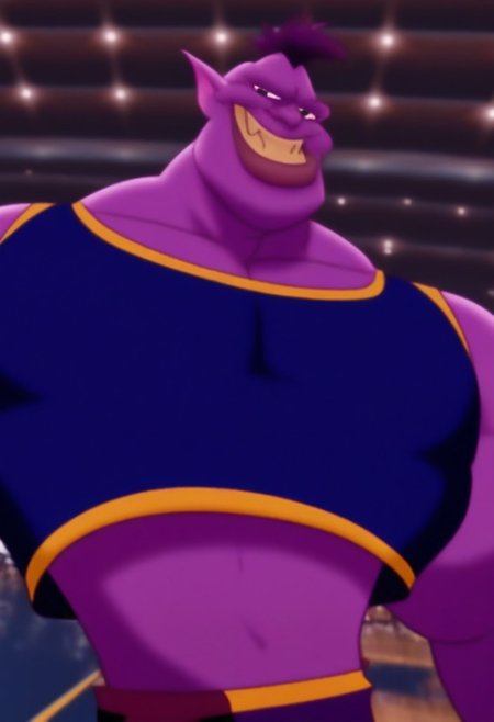 <lora:BupkusSJV2:1>, BupkusSJ, 1boy, solo, colored skin, purple skin, black eyes, perfecteyes, fangs out, muscular male, athletic build, long torso, narrow waist, narrow hips, toned, large pectorals, hyper-detailed, highres, amazing quality, very aesthetic, dynamic lighting, detailed background, crop top, dolphin shorts, dynamic pose, dynamic angle, from above, smirk, close up, face focus, portrait