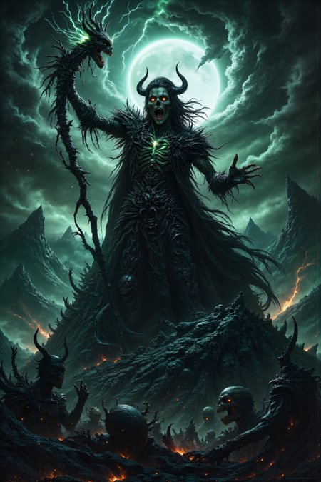 A hyper-realistic portrait, photorealistic photo close-up image of A middle-aged male necromancer with slick, greasy black hair and pale, ashen skin stands atop a jagged mountain of bones in a desolate, moonlit wasteland. His race is a Gaunt-kin, a race known for their emaciated, skeletal frames. He wears a suit made entirely of stitched-together shadows, which ripple and shift around him as if alive. His hollow, sunken eyes gleam with a sickly green light as he raises a staff made of twisted, blackened wood, summoning the spirits of the dead from the mountain below. The sky above is a swirling mass of dark clouds, illuminated only by occasional flashes of eerie, green lightning. As he chants in a forgotten tongue, the bones at his feet begin to rattle and rise, forming grotesque, skeletal warriors ready to do his bidding. His sinister laughter echoes across the barren landscape, sending chills through the very air as his dark army awakens.(photography, high-resolution, dynamic, energetic,hyper-realistic, dramatic lighting, shallow depth of field.), detailmaximizer, MythP0rt<lora:midjourney_whisper_flux_lora_v01><lora:aidmaMJ6.1-FLUX-V0.1:0.4><lora:FluxMythP0rtr4itStyle:0.4><lora:FluxDFaeTasticDetails:0.4><lora:detailed_flux_ntc:2.2><lora:aidmaImageUpgrader-FLUX-V0.1:0.65>