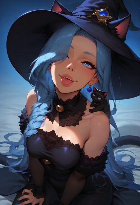 [--------------------------------------- BASE ----------------------------------------::-1]
(masterpiece,best quality, highly detailed, score_9, score_8_up, score_7_up, score_6_up,source_anime)
[--------------------------------------- VIEW ----------------------------------------::-1]
(from above) (from side)
[--------------------------------------- SITE ----------------------------------------::-1]
(blueberry:1.6) (blue fog) (blue theme)
[--------------------------------------- CHAR ----------------------------------------::-1]
[--------------------------------------- BODY ----------------------------------------::-1]
(medium breasts)
[--------------------------------------- MOVE ----------------------------------------::-1]
(looking up) (kneeling)
[--------------------------------------- FACE ----------------------------------------::-1]
(eyeliner) (blue eyes) (smile) (head tilt:1.4) (tongue out)
[--------------------------------------- HAIR ----------------------------------------::-1]
(blue hair) (long hair) (twintails) (hair over one eye) (blueberry hair ornament)
[--------------------------------------- WEAR ----------------------------------------::-1]
(blue fingernails) (witch) (witch hat:1.8) (black dress) (ornate clothes:1.8) (cat ears:1.8)
[--------------------------------------- LORA ----------------------------------------::-1]
<lora:Expressive_H-000001:1> Expressiveh
<lora:princess_xl_v1:1>
<lora:incase-ilff-v3-4:0.8>
<lora:g0th1cPXL:0.35> g0thicPXL
