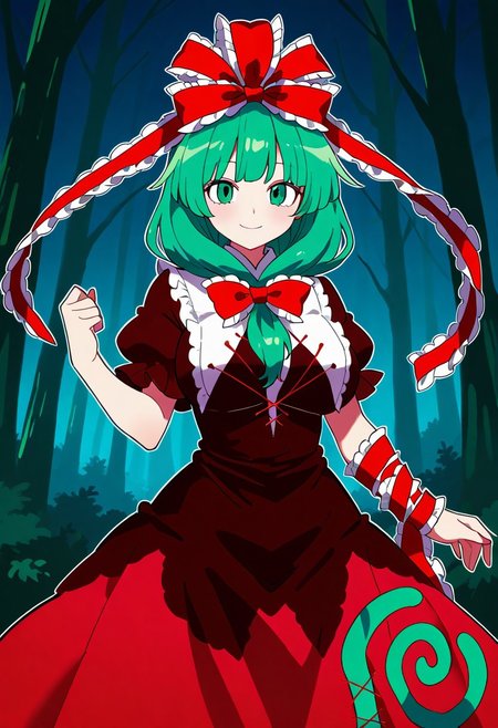 ((bollzzalguy style)), ((forest background)), night, 1girl, solo, looking at viewer, ((standing)), (posing), smile, ((large breasts)), ((kagiyama hina)), green hair, green eyes, front ponytail, red dress, hair bow,  red bow, puffy short sleeves, red ribbon, hair ribbon, frilled ribbon