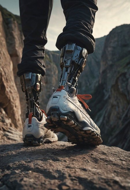 Super Closeup, a detailed running Cyborg Leg in samba retro Sneaker, in Motion, Explore the stark contrast between the ominous, sunset landscape, dystopian backdrop and the vibrant shoes in descent. Running to Edge of Cliff, Dive into the emotions, obstacles, and enigmatic ambiance conveyed by this distinctive scenario. very detailed, raw photo, photorealistic, high detailed texture, 8k uhd, dslr, soft lighting, high quality, film grain, Fujifilm XT3, highly detailed photography, atmospheric haze, Film grain, cinematic film still, shallow depth of field, highly detailed, high budget, cinemascope, moody, epic, OverallDetail, 2000s vintage RAW photo, photorealistic, candid camera, color graded cinematic, eye catchlights, atmospheric lighting, imperfections, natural, shallow dof