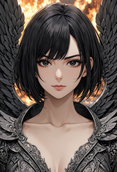 (anime, masterpiece, intricate:1.3), (best quality, hires textures, high detail:1.2), (4k),(incredibly detailed:1.4), perfect anatomy, graceful face, slim, big breasts, constricted waist, nice body, lips, arrogant look, villain, 1woman, evilish smile, high pointed nose, (nostrils:1.3), neatly, angry, 25 y/o
UHD, 8K, ultra detailed, a cinematic photograph of HDR photo of Closeup photo of a beautiful natural 22-year-old woman, black eyes, bob hair, black hair
beautiful biomechanical angel rising from the ashes opening her wings