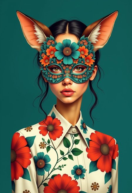 This image is an illustration in a bold, surrealistic style. The subject is a young woman with warm golden skin and a neutral expression, wearing a long-sleeved shirt adorned with large, vividly colored floral patterns in shades of crimson, emerald, and ivory. Her face is obscured by a mask with an intricate floral design featuring lilies, orchids, and chrysanthemums in striking hues of jade green, deep violet, and shimmering bronze. The mask extends down to the neck, covering the chin and part of the upper chest, and includes curved, fox-like ears that seamlessly match the floral motif. The background is a deep cobalt blue, creating a dramatic contrast with the intricate designs and the dreamlike composition. The lighting is soft and evenly diffused, casting gentle shadows that enhance the texture of the shirt and the elaborate floral patterns on the mask. The illustration style is highly detailed and surreal, with a smooth, polished finish that enhances the vibrancy of the colors and the complexity of the designs, forming a mesmerizing and otherworldly visual narrative.