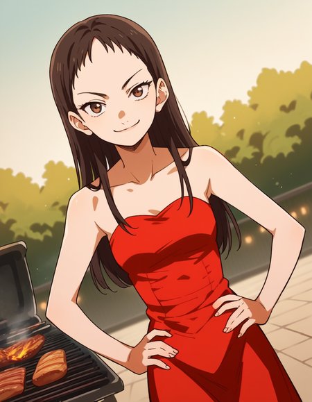 score_9, score_8_up, score_7_up, source_anime, <lora:emi-igawa-s1-ponyxl-lora-nochekaiser:1>,, emi igawa, long hair, brown eyes,, dress, red dress, collarbone, bare shoulders,, backyard, barbecue, grilling, laughter, summer evening, , looking at viewer, smug, hands on hips,, solo,, cowboy shot, dutch angle