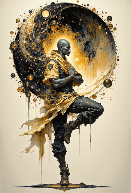 A striking artistic depiction of a serene monk balanced gracefully on one leg in a classic yoga pose, embodying harmony and inner peace. The monk's flowing robes and calm expression mirror the balance of the large, intricately designed yin and yang symbol dominating the background, its swirling patterns filled with ornate details. . The composition exudes tranquility and balance, with the monk positioned at the center of this mesmerizing interplay of opposites. <lora:ancient.safetensors:0.75>,  <lora:Elden_Ring_-_Yoshitaka_Amano.safetensors:1.0>,  <lora:FluxCyberpunkAnimeStyle.safetensors:1.0>,  <lora:aiai-Glimra-Flux-Dev-v2.safetensors:0.25>,  <lora:Ethereal Grace - s1 g4.safetensors:0.5>,  <lora:paintart-style-006-v1-0-flux.safetensors:0.5>,