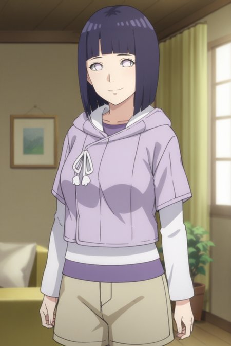 score_9, score_8_up, score_7_up, score_6_up, score_5_up, score_4_up, BREAK source_anime, 1girl, solo,
<lora:HinataBorutoXL-v1-07:0.7>, ChopioHinataBoruto, medium hair, purple hair, shiny hair, bob cut, blunt bangs, no pupils, white eyes, looking at viewer,
medium breasts, mature female,
outfit_1, lilac hoodie, hood down, white shirt, purple undershirt, drawstring, short over long sleeves, brown shorts,
living room, standing, smile, arms at sides,