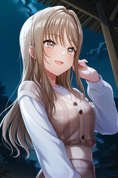 masterpiece, best quality, amazing quality,
 <lora:HayateV2_IL:1> hayate, 1girl, solo, long hair, shirt, night, white shirt, smile, long sleeves, plaid, brown eyes, brown hair, outdoors, night sky, open mouth, sky, bangs, :d, casual