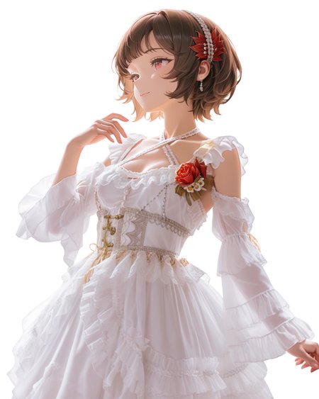 Positive: Masterpiece, best quality, amazing quality, very aesthetic, high resolution, ultra-detailed, absurdres,
1girl,solo,white_background,
schndef, short hair, feather hair ornament,small breasts,brown hair, red eyes,white hairband, 
white off-shoulder lace ruffled dress,
white dress,white off-shoulder,lace,frills,
criss-cross halter,
corsage,jewelry,
long sleeves,detached sleeves,
cowboy_shot,looking_up,hand_up, 