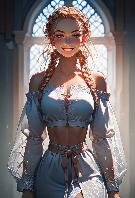 Daniella, score_9, score_8_up, score_7_up, score_6_up, score_5_up, score_4_up, girl, (beautiful face, cute face, 18 years old), multiple braids, medieval dress, off shoulder, midriff, (tiny waist, flat stomach, narrow hips):1.4, inside cozy medieval cabin, soft lighting, smiling, blush, looking at viewer, g0thicPXL, glowing, neon, Expressiveh