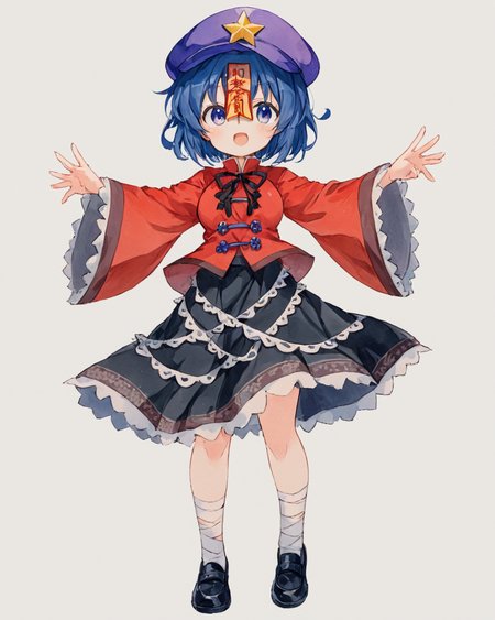 miyako yoshika,1girl, solo, cabbie_hat, star_\(symbol\), black_skirt, open_mouth, red_shirt, star_hat_ornament, tangzhuang, full_body, purple_headwear, bandaged_leg, black_footwear, wide_sleeves, black_ribbon, traditional_media, jiangshi, ofuda, looking_at_viewer, neck_ribbon, teeth, zombie_pose, breasts, shoes, long_sleeves, watercolor_\(medium\)
<lora:miyako_yoshika_image2483_2023-12-20:1>,star-shaped_pupils,symbol-shaped_pupils,. gorgeous,key visual, vibrant, studio anime,award-winning, professional, highly detailed,high budget, cinemascope