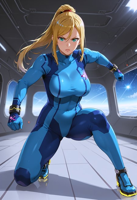 takeda hiromitsu style, source_anime, anime screencap, uncensored, dynamic angle, dynamic view, takeda hiromitsu style, dynamic pose, foreshortening, extreme perspective,
sole female, solo, 1girl, samus aran, blonde hair, swept bangs, long hair, ponytail, mole under left lip, turquoise eyes, zero suite, blue body suit, blue gloves, metal bracelets, sagging breasts, medium breasts, skintight, fully dressed, action pose, dynamic pose, determined, superhero landing, dynamic pose, holding gun, complex background, detailed background, inside giant spacecraft, outer space in window, multiple galaxies in the background, giant view of space, giant window with a view of space, view of planets, view of stars, depth of field, blurry background, volumetric lighting, back lighting, side lighting, 3 point lighting, reflective floor, glossy floor, reflective interior,
<lora:takeda_hiromitsu_style_xl_goofy:1.0>, <lora:DynamicPose_alpha1.0_rank4_noxattn_100steps:3.0>, <lora:Superhero_landing:0.5>