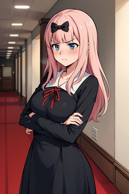 masterpiece, best quality, highres,  chika1, fujiwara chika, school uniform, black bow, black dress, red ribbon, long sleeves, blunt bangs, neck ribbon, collared dress, large breasts,<lora:fujiwaraChikaKaguya_v10:0.7>,looking to the side, facing away, school hallway,   crossed arms, blush,annoyed,tsundere,