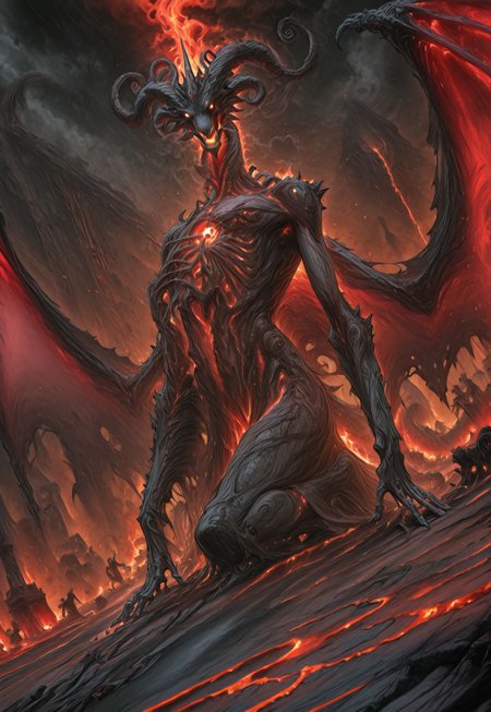 masterpiece, best quality, very aesthetic, absurdres, r17329_illu, sketch, xxx667_illu. A towering, apocalyptic dragon, his colossal frame dominates the scene, his scorched black scales gleaming like obsidian armor, each one jagged and worn from countless wars. His left eye is scarred and blinded, the wound extending down his battle-ravaged side, a permanent reminder of brutal conflicts. His left forelimb, torn from his body long ago, has been replaced with a black metal talon, fused to his being, shaped like a demonic dragon’s claw. Molten veins glow beneath his scales, pulsating like liquid fire.

His head is monstrous, framed by a crown of twisted, charred horns, cracked but unbroken. A fiery red mane, wild and uncontained, flickers and dances like an eternal inferno. His glowing white eyes, burning with insanity, pierce through the shadows, radiating madness and destruction. His wings, massive and battle-torn, stretch wide, their magma-filled membranes glowing ominously, tattered yet unyielding. His chest rises and falls, each breath shaking the earth, embers swirling around him.

From a cinematic dutch angle, he looms over the viewer, firelight casting deep shadows over his monstrous form. The very air distorts from the overwhelming heat radiating off him. His power is boundless, his rage volcanic—he is an unstoppable force of annihilation, poised to reduce the world to cinders.