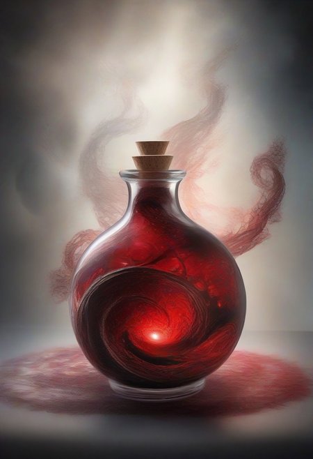 Score_9, Score_8, Photorealistic magic potion, intricate glass bottle, vibrant swirling black and red colors, ethereal light, wax seal, cork, dynamic reflections, magical aura, highly detailed, fantasy essence, glowing particles, radiant aura